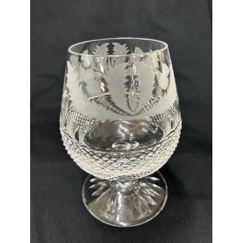 365 - Set of 2 Edinburgh thistle crystal brandy glasses all engraved with thistles all in good overall con... 