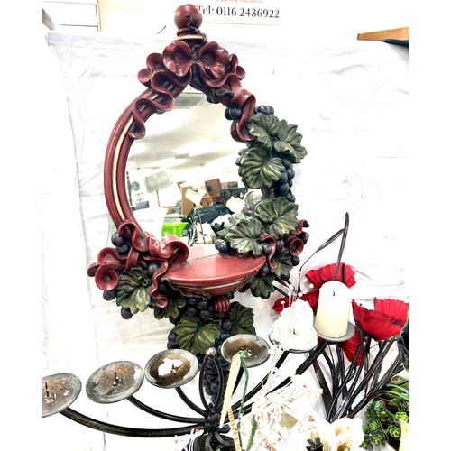 135 - Selection metal , pot flower ornaments, wall hanging grape mirror, candleholder etc