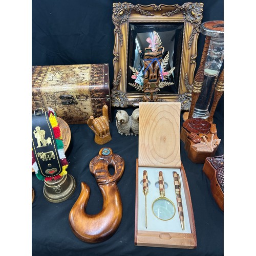 106 - Selection of wooden pieces to include egg timer, framed picture, puzzle boxes, ornaments, magifying ... 