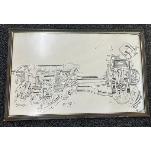 112 - Selection 3 framed posters depicting motorcycles etc, largest frame measures approximately Height 34... 