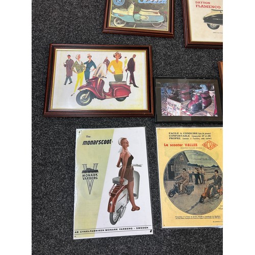 153 - Selection of Lambretta framed poster memorabilia, largest frame measures 19 x 16 inches