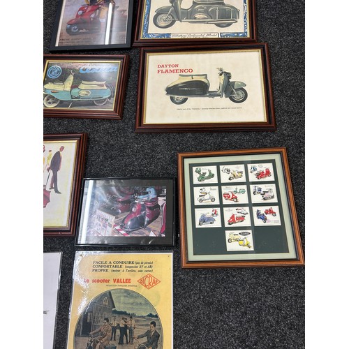 153 - Selection of Lambretta framed poster memorabilia, largest frame measures 19 x 16 inches