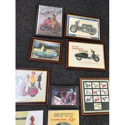 153 - Selection of Lambretta framed poster memorabilia, largest frame measures 19 x 16 inches