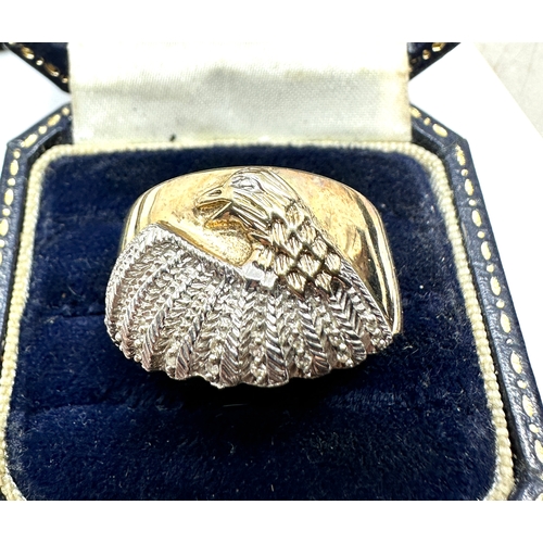 110 - 9ct gold diamond winged eagle ring weight 4.8g