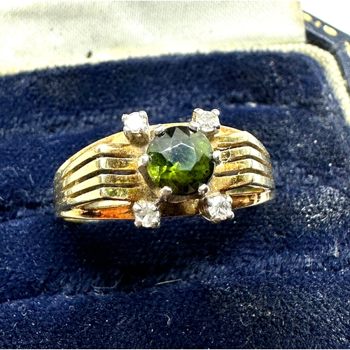 112 - 14ct gold green & white gemstone ring weight approx 4g