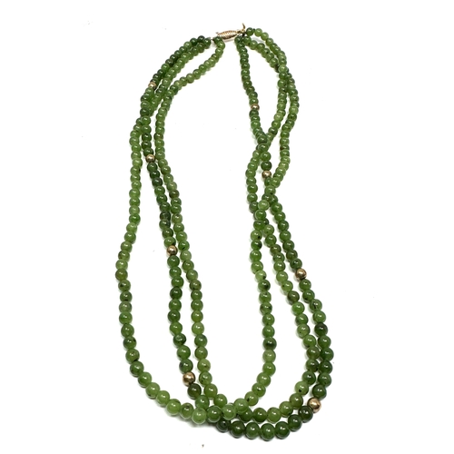 114 - 9ct gold clasp jade & gold bead 3 strand necklace weight 35g