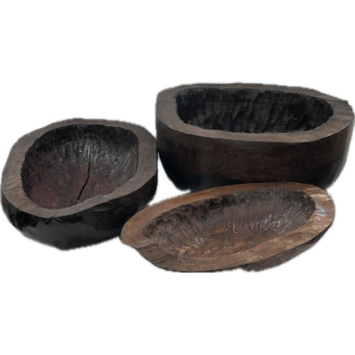 237 - 3 large heavy carved wooden bowls, largest measures approximately Width 18 inches, Depth 15 inches, ... 