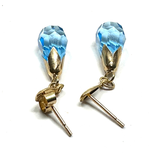 117 - 9ct gold blue faceted stone drop earrings