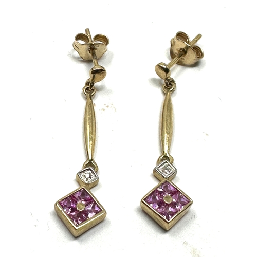 118 - 9ct gold long drop amethyst & diamond earrings measure approx 2.7cm drop