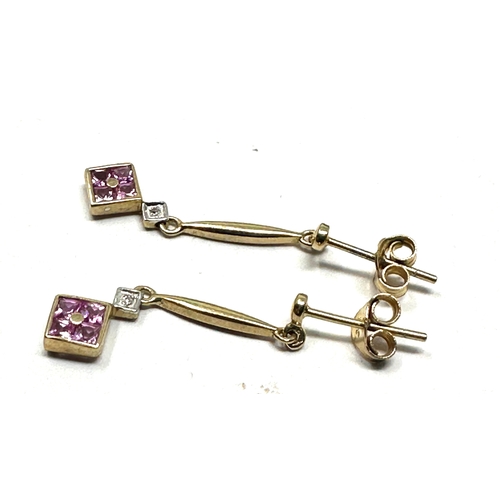 118 - 9ct gold long drop amethyst & diamond earrings measure approx 2.7cm drop