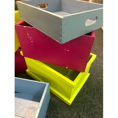 247 - Selection of coloured wooden boxes / crates, various sizes, largest measures approximately Width 23 ... 