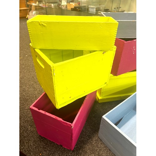 247 - Selection of coloured wooden boxes / crates, various sizes, largest measures approximately Width 23 ... 