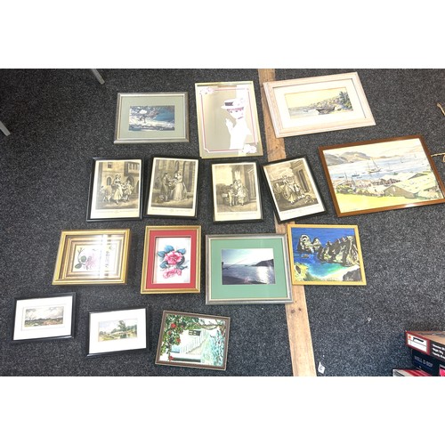 95 - Selection framed prints, 2 water colours,  picture mirror, largest measures approximately Height 15 ... 