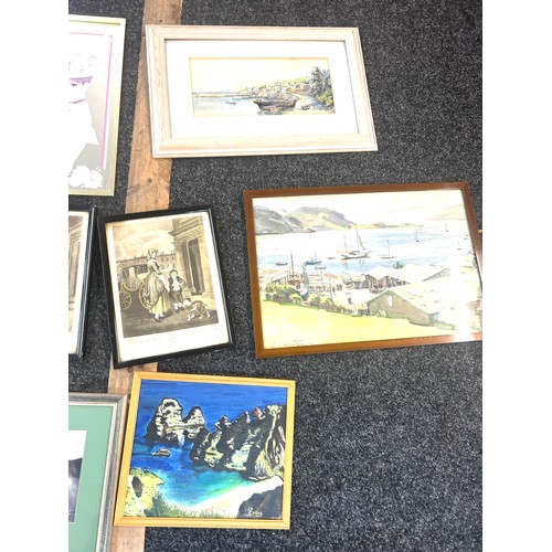 95 - Selection framed prints, 2 water colours,  picture mirror, largest measures approximately Height 15 ... 