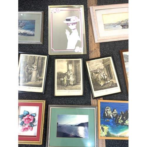 95 - Selection framed prints, 2 water colours,  picture mirror, largest measures approximately Height 15 ... 