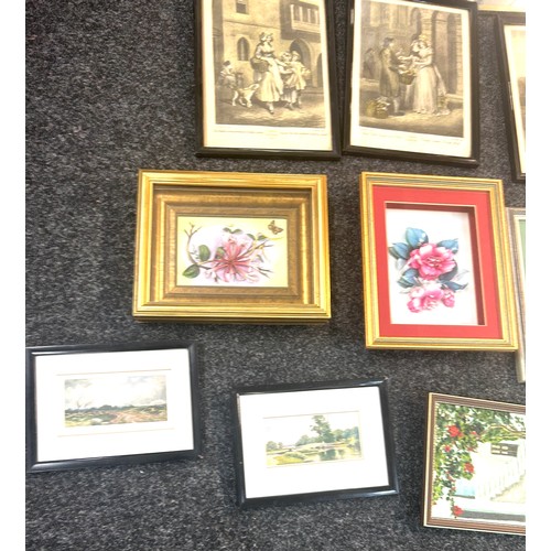 95 - Selection framed prints, 2 water colours,  picture mirror, largest measures approximately Height 15 ... 