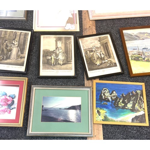 95 - Selection framed prints, 2 water colours,  picture mirror, largest measures approximately Height 15 ... 