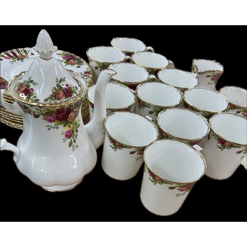 525 - Royal Albert old country rose coffee set comprising of coffee pot, 12 mugs, creamer, sugar, plate, 1... 