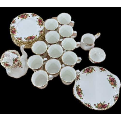 525 - Royal Albert old country rose coffee set comprising of coffee pot, 12 mugs, creamer, sugar, plate, 1... 