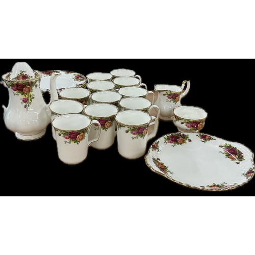 525 - Royal Albert old country rose coffee set comprising of coffee pot, 12 mugs, creamer, sugar, plate, 1... 