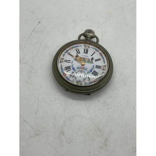 431 - Mens Vintage Lion Pocket Watch Hand-Wind Working