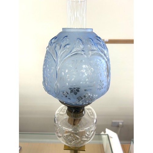 342 - Brass column oil lamp with blue glass shade 30 inches tall