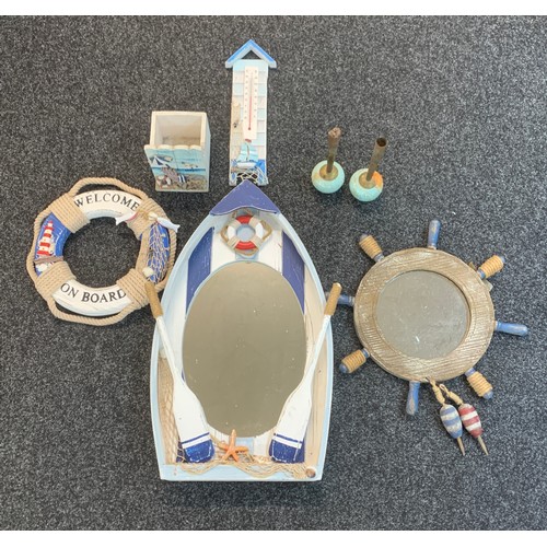 164 - Selection of beach theamed bathroom items includes cupboard, mirror, candle sticks etc