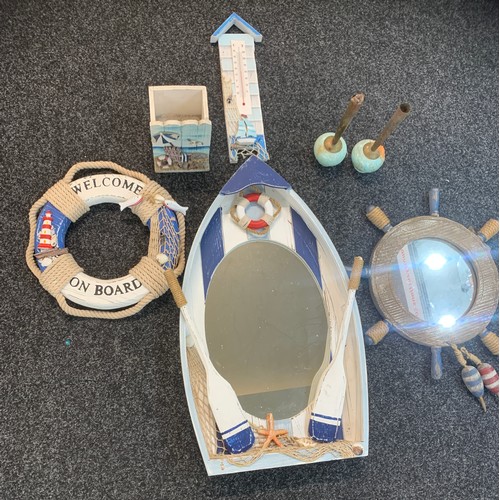 164 - Selection of beach theamed bathroom items includes cupboard, mirror, candle sticks etc