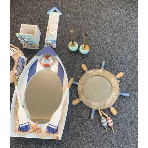 164 - Selection of beach theamed bathroom items includes cupboard, mirror, candle sticks etc