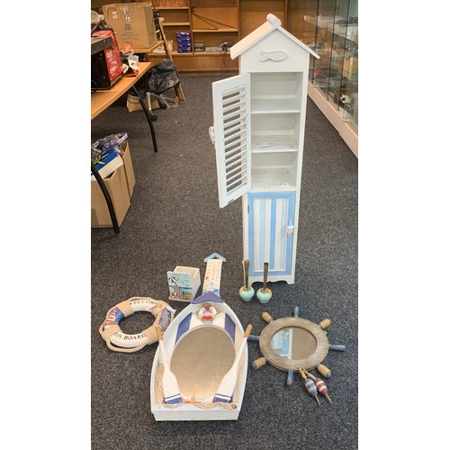 164 - Selection of beach theamed bathroom items includes cupboard, mirror, candle sticks etc