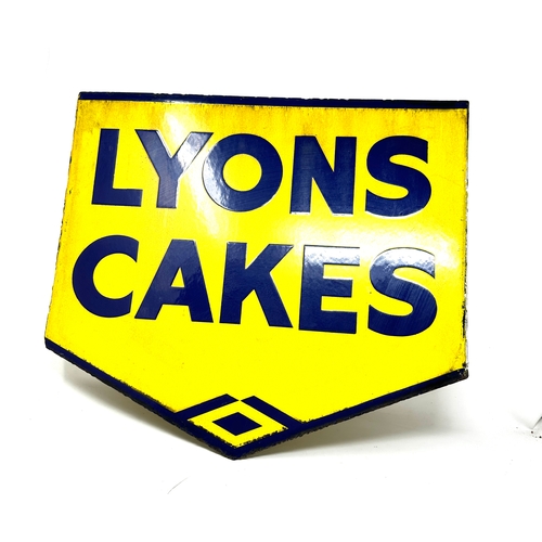 459 - Vintage Lyons cakes shop sign double sided measures approx 45cm by 39cm enamel  good condition