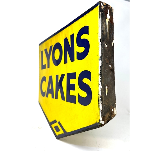 459 - Vintage Lyons cakes shop sign double sided measures approx 45cm by 39cm enamel  good condition