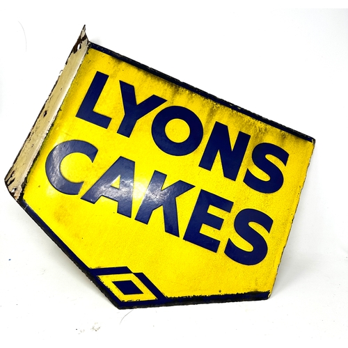 459 - Vintage Lyons cakes shop sign double sided measures approx 45cm by 39cm enamel  good condition