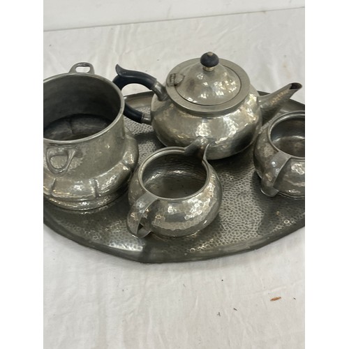 13 - Vintage Tudric Pewter tea set includes Tray, tea pot, jug etc