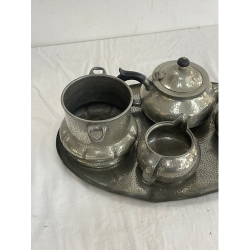 13 - Vintage Tudric Pewter tea set includes Tray, tea pot, jug etc