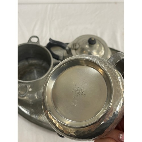 13 - Vintage Tudric Pewter tea set includes Tray, tea pot, jug etc