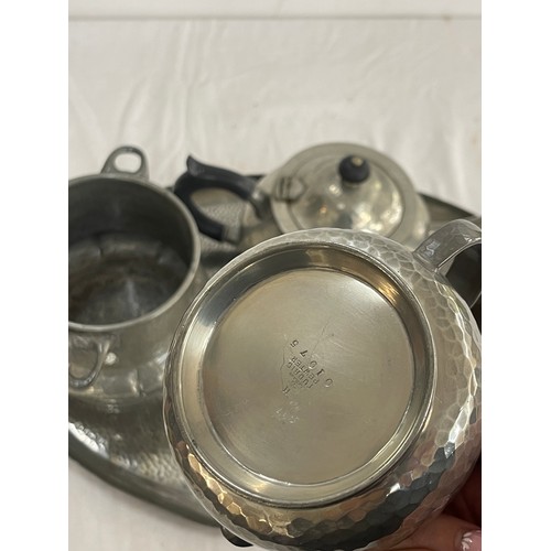 13 - Vintage Tudric Pewter tea set includes Tray, tea pot, jug etc