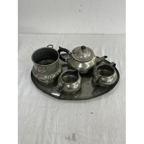 13 - Vintage Tudric Pewter tea set includes Tray, tea pot, jug etc