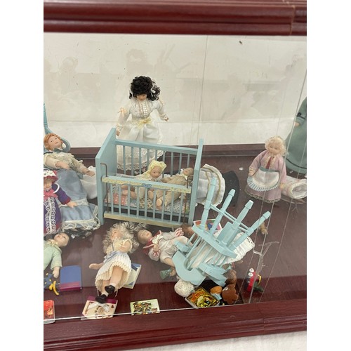 238 - Display case of vintage pot dolls house dolls, furniture and accessories