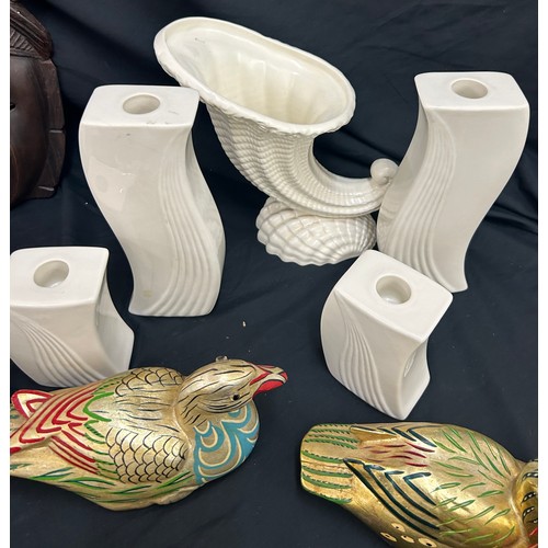 148 - Selection of pottery to include Belleek, set 3 pot painted ducks, Ironstone small planter, etc