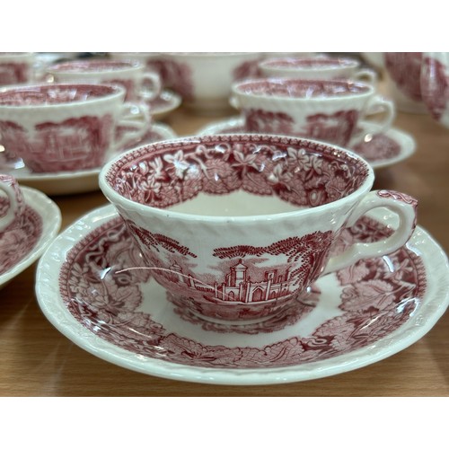 212 - 12 setting Vista Masons pink and white teao / coffee set, with sugar bowl, creamer, sidebowl, coffee... 