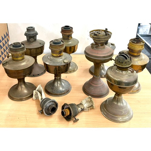 91 - Selection of 8 oil lamps (6 aladdin style) with 2 spare burners, no funnels or shades