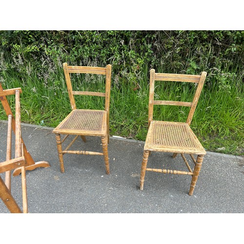 287 - Wooden towel rail, 2 hessain seated wooden chairs