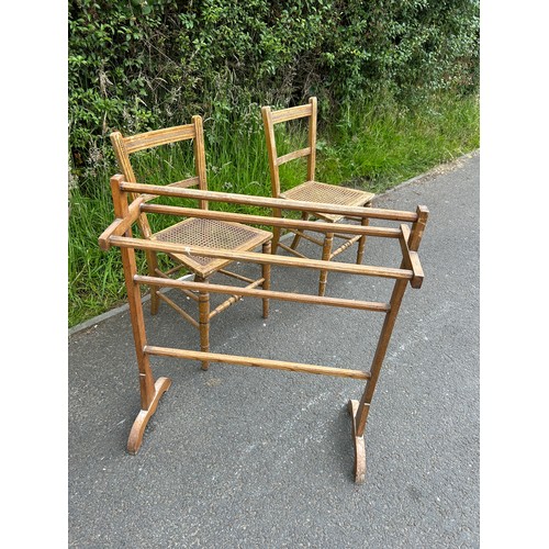 287 - Wooden towel rail, 2 hessain seated wooden chairs