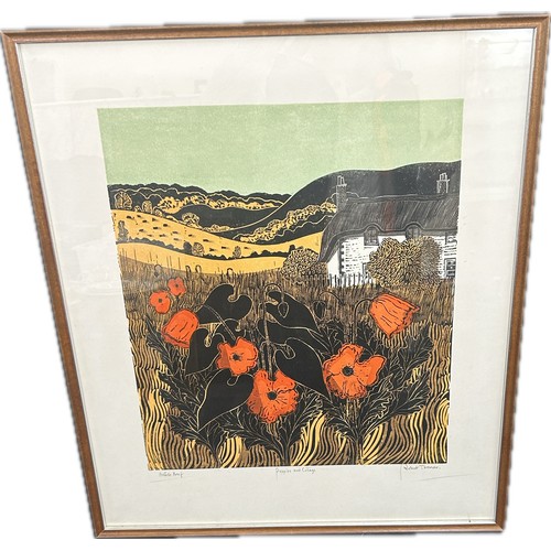 9 - Signed Linocut artist proof poppies and collage by Robert Tavener, approximate  frame measurement 23... 