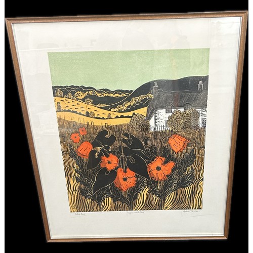 9 - Signed Linocut artist proof poppies and collage by Robert Tavener, approximate  frame measurement 23... 