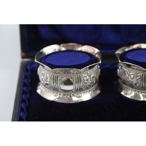 31 - Pair of Victorian .925 Sterling Silver Floral Napkin Rings In Fitted Case