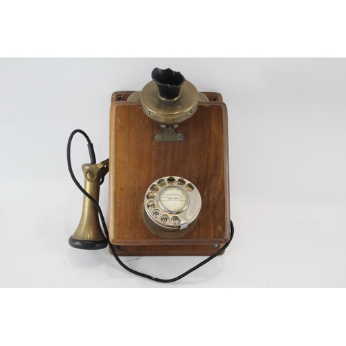 472 - Antique Vintage Wooden Telephone in Brass & Bakelite