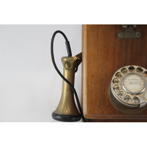 472 - Antique Vintage Wooden Telephone in Brass & Bakelite