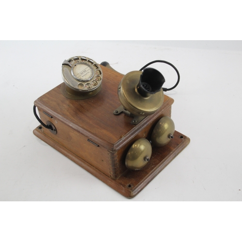 472 - Antique Vintage Wooden Telephone in Brass & Bakelite